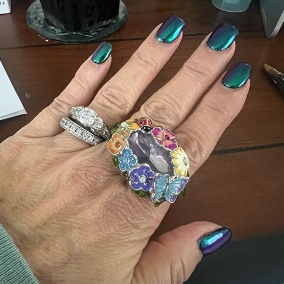 RARE! VTG Y2K? AVON *Floral* Butterfly Double 2 finger Ring M 7/8 - Picture 2 of 12